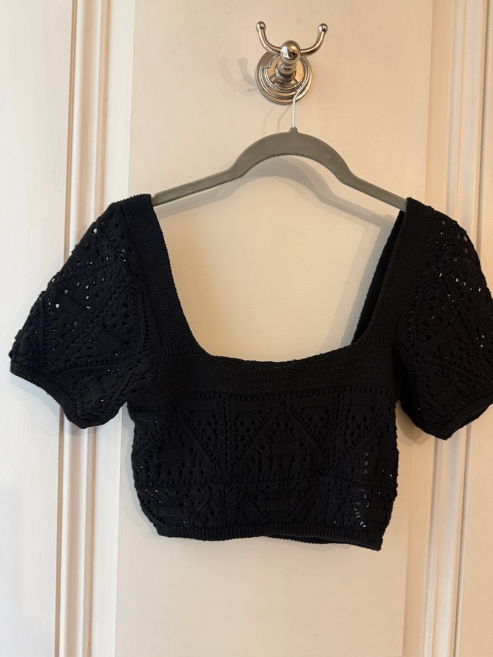 Zara Black Crochet Square-Neck Crop Top with Puff Sleeves